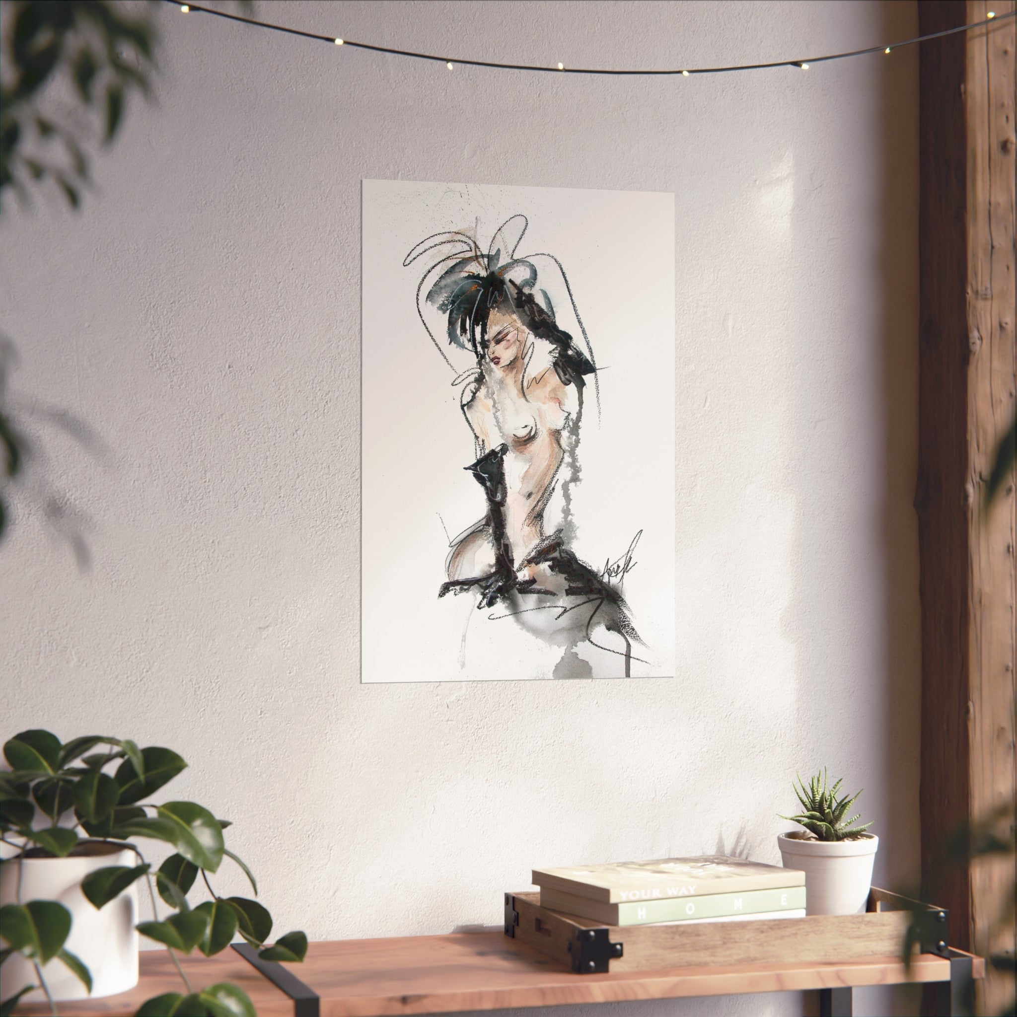 Figurative Fine Art Poster |  Watercolor Nude Fashion Sketch | Woman In Black Gloves