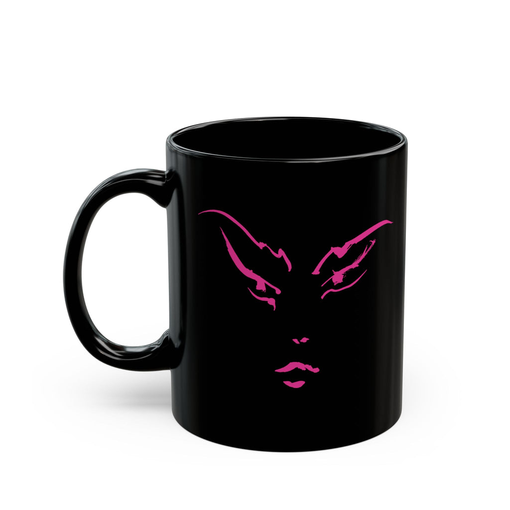 Black Coffee Mug — Neon Pink Cat Face Accent, Cute Minimalist Cat Lover Gift (11oz & 15oz)