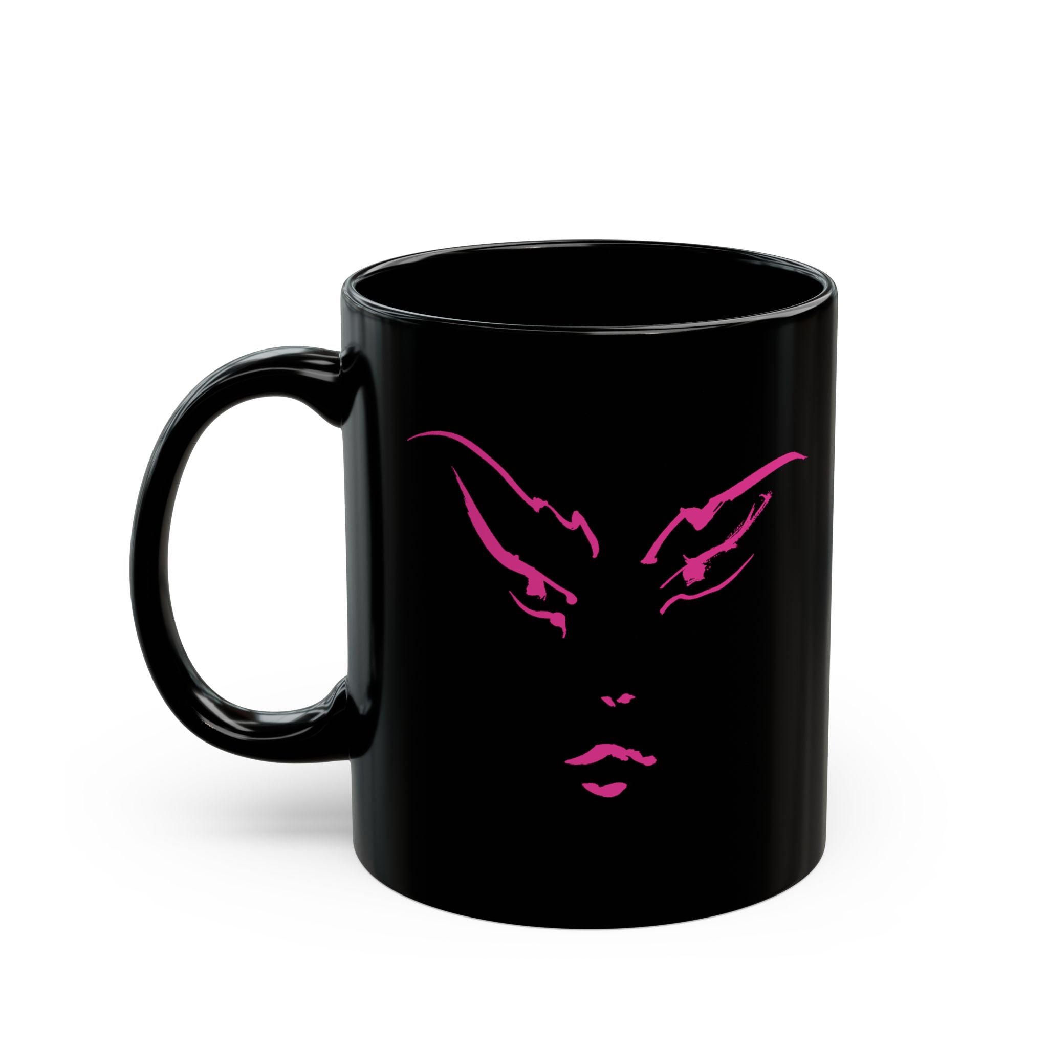 Black Coffee Mug — Neon Pink Cat Face Accent, Cute Minimalist Cat Lover Gift (11oz & 15oz)