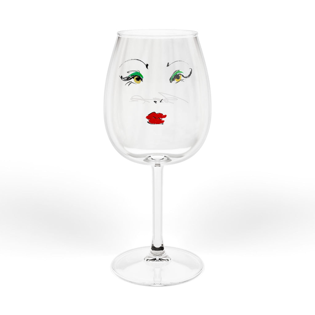 12oz Wine Glass with Glam Face Art – Red Lip & Green Eye Makeup Design
