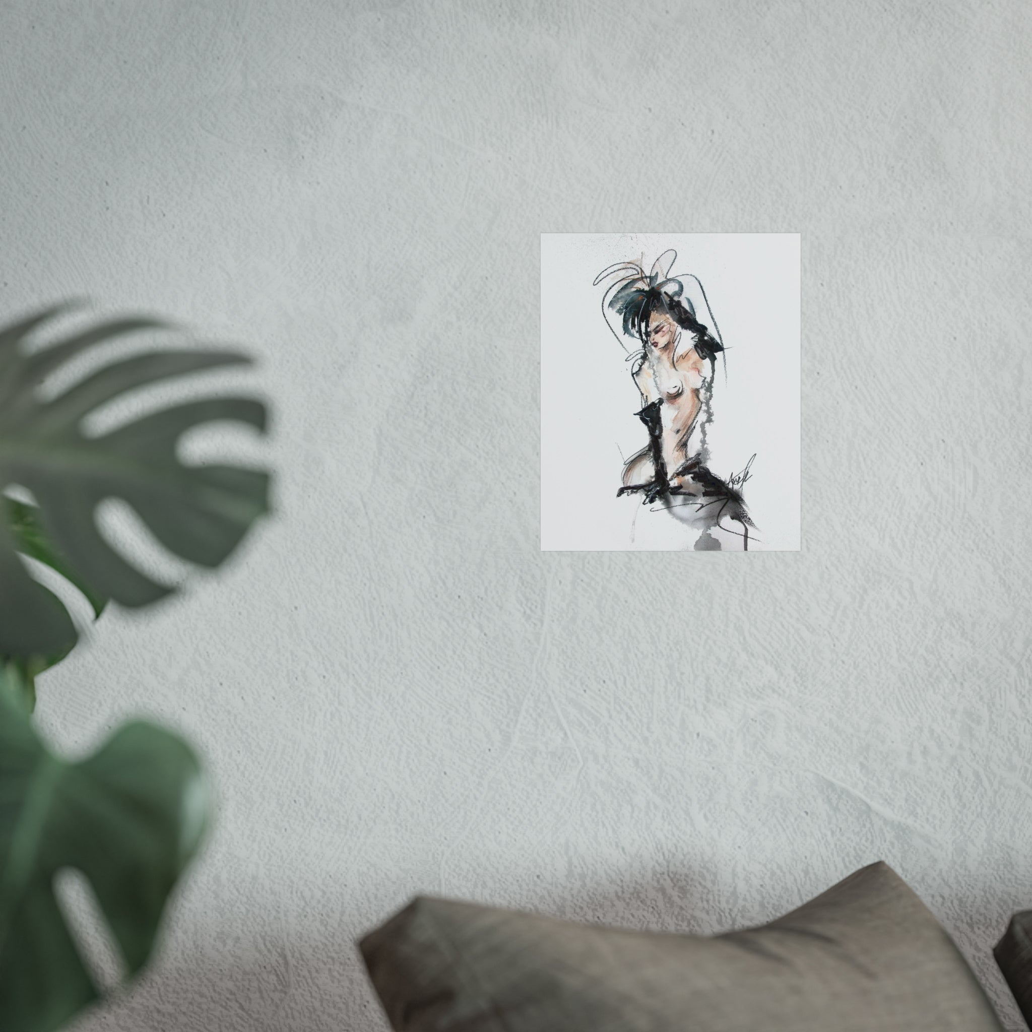 Figurative Fine Art Poster |  Watercolor Nude Fashion Sketch | Woman In Black Gloves