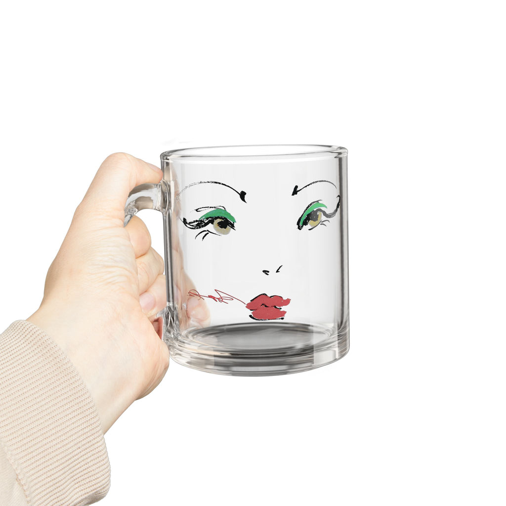 Stylized Fashion Face Glass Mug | Minimal Portrait, Red Lips, Green Eyeshadow