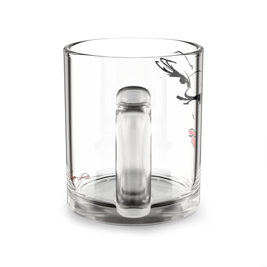 Glam Face Illustration Glass Mug, 10oz | Fashion Portrait, Red Lips