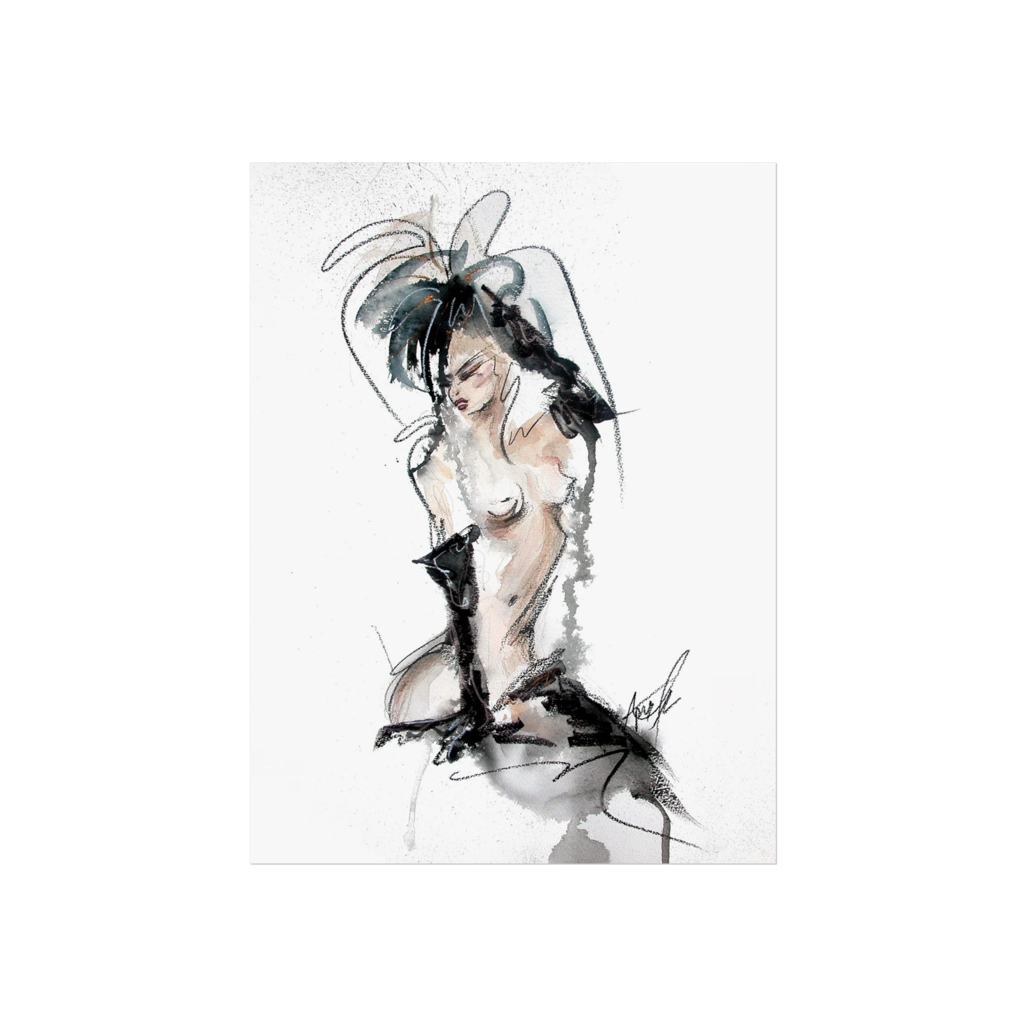 Figurative Fine Art Poster |  Watercolor Nude Fashion Sketch | Woman In Black Gloves